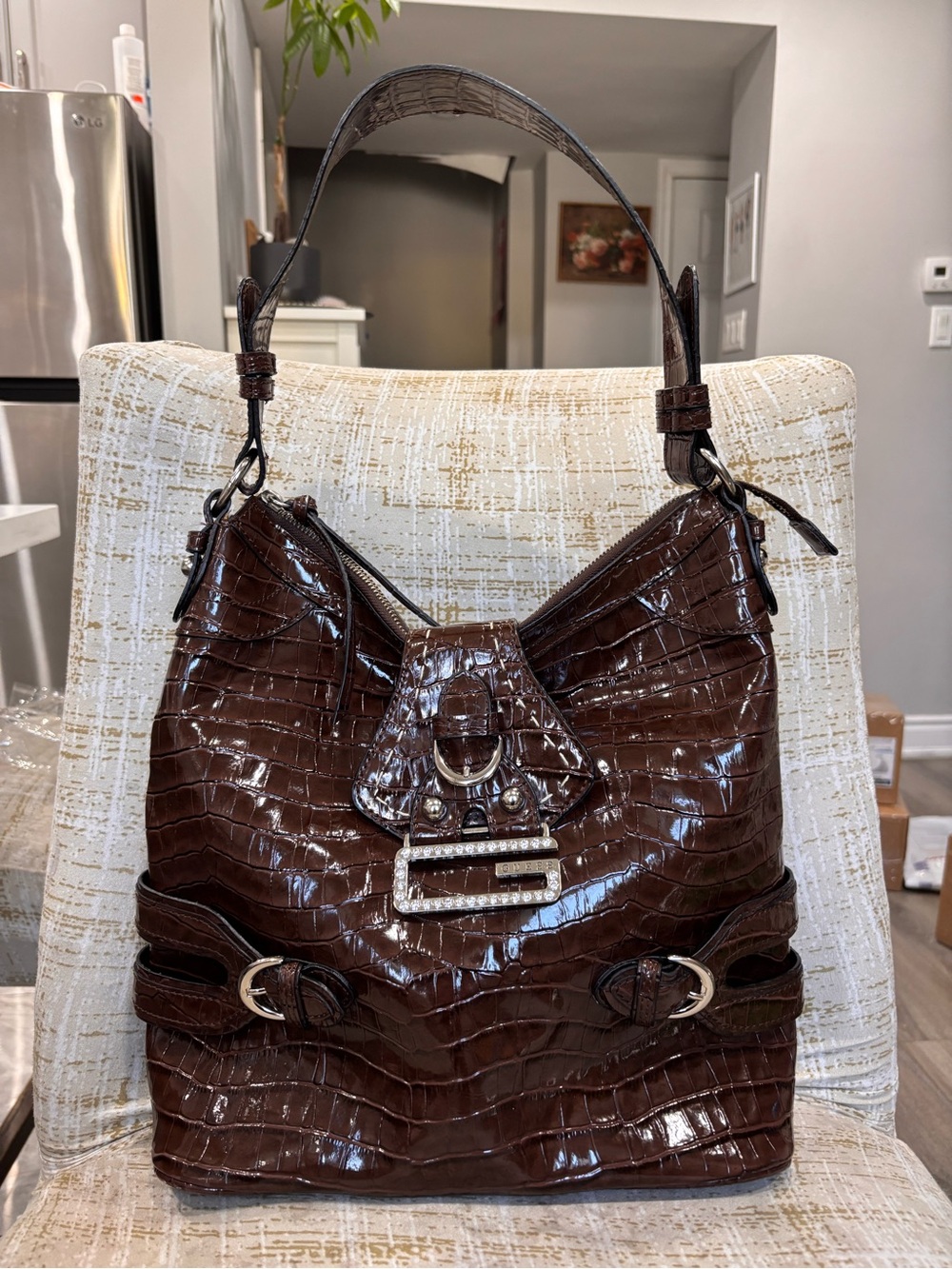 Rare Vintage Guess  Croc-Embossed Leather Shoulder Bag Y2K